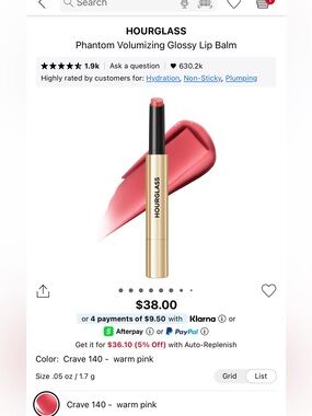 HOURGLASS Phantom Volumizing Glossy Lip Balm — Crave 140 Warm Pink